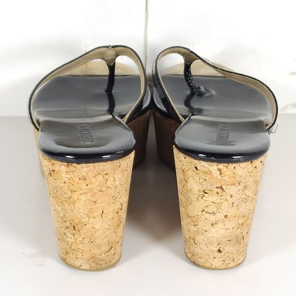 Jimmy Choo Women's Pathos Black 38 US7,5 Patent Leather Cork Thong Wedge Sandals - Picture 12 of 16
